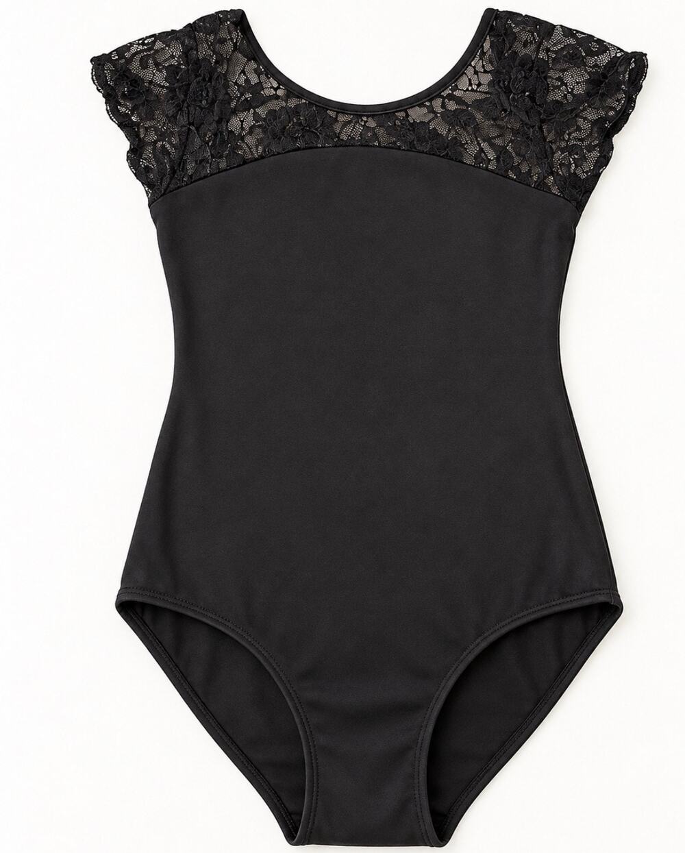Black Lace Cap Sleeve Bow Back Dance Leotard Size 140 Girls 7/8